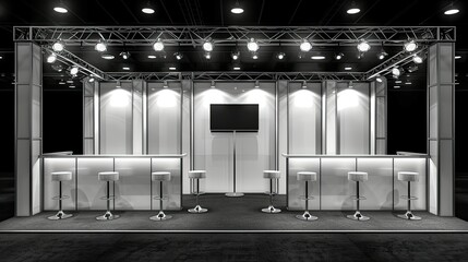 Modern trade show booth with lighting, counter, stools, and screen.