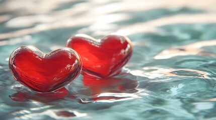 Two Red Glass Hearts Resting On Water