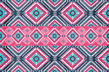 Bright and colorful geometric seamless pattern in pink and blue tones with tribal elements. Perfect for digital wallpapers, craft projects, and scrapbook designs