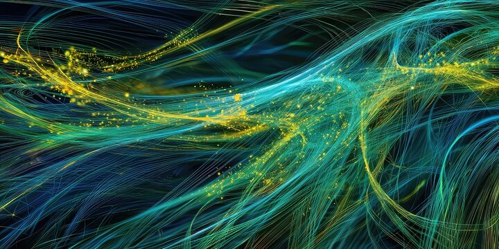 Abstract graphic showing data transfer streams with binary code and digital nodes.