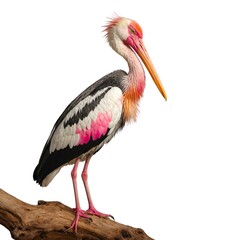 Painted Stork on piece of wood isolated on white background