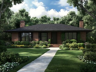 Naklejka premium classic ranch home with spacious front yard