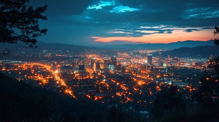 Obraz premium Night city skyline, mountain view, sunset, illuminated