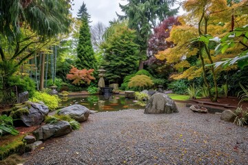 A serene garden scene featuring a pond, rocks, and lush greenery in autumn colors.