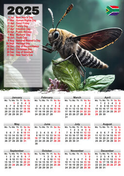 2025 Sugarbird Moth Wall Calendar - South African Public Holidays Highlighted