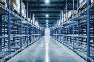 Expansive cold storage room with empty metal shelves and cool blue hue
