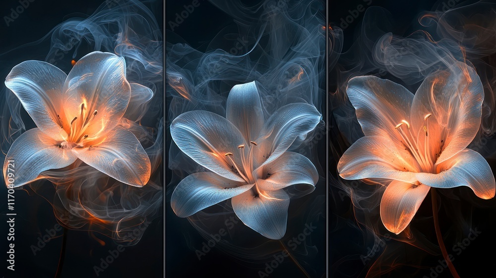 Sticker Triptych of luminous lilies engulfed in ethereal smoke.