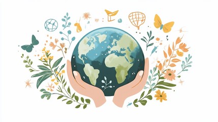 Hands holding Earth, floral frame, nature background, eco-campaign