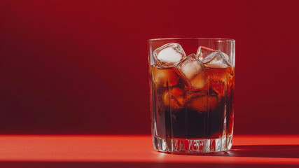 Refreshing Glass of Cola With Ice Cubes Against a Vibrant Red Backdrop, Perfect for Warm Summer Days or Casual Gatherings With Friends and Family