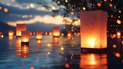Glowing lanterns floating on tranquil lake, dusk, sparks