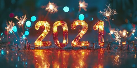 Brightly lit "2021" displayed with vibrant fireworks and festive vibes.
