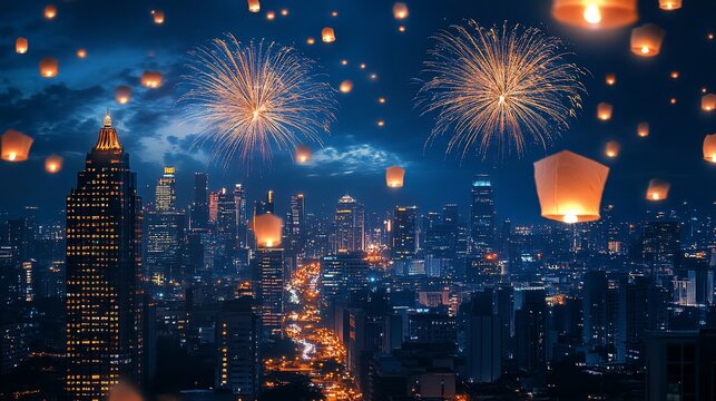 Night Sky Cityscape Fireworks Floating Lanterns Festival