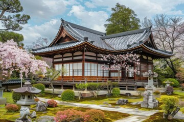 Fototapeta premium A serene Japanese garden featuring a traditional wooden house surrounded by cherry blossoms.