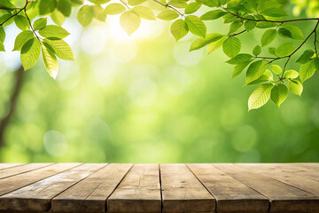 Close up top wooden table with sunny abstract green nature background, blurred bokeh