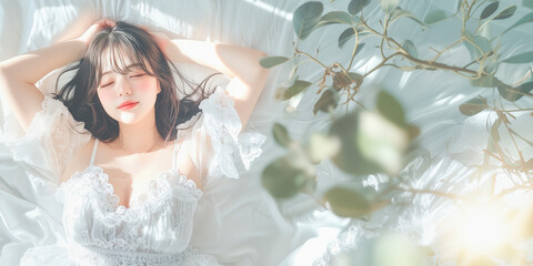 朝、寝起きにくつろぐ女性。写真風素材。