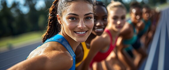 Smiling female athlete at starting line with teammates.