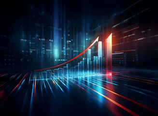 Abstract image depicting upward trending growth graph in a futuristic digital landscape.  Bright lights and dynamic lines suggest technological advancement and rapid progress.