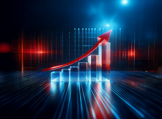 A vibrant, futuristic depiction of growth.  A red arrow ascends a glass bar graph, set against a dark, high-tech backdrop with streaks of light.  The image suggests progress, innovation, and technolog