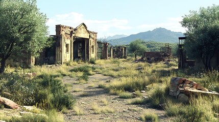 Overgrown Ruins of a Village Nestled in Mountains