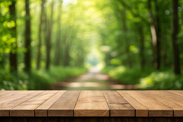 Wood table top on blurred green nature abstract background - can montage or display your products above