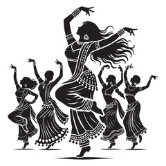 Bollywood Dance Silhouette Vector Illustration, Solid White Background.