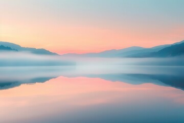 Fototapeta premium A serene lake at dawn, reflecting soft pastel colors and misty mountains.