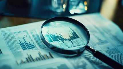 Detailed stock market analysis with magnifying glass highlighting financial data on rustic newspaper
