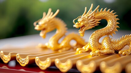 Obraz premium Golden Dragon Statues on Architectural Structure