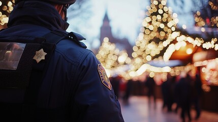 Police officer at christmas market ensuring public safety with festive lights and crowd.