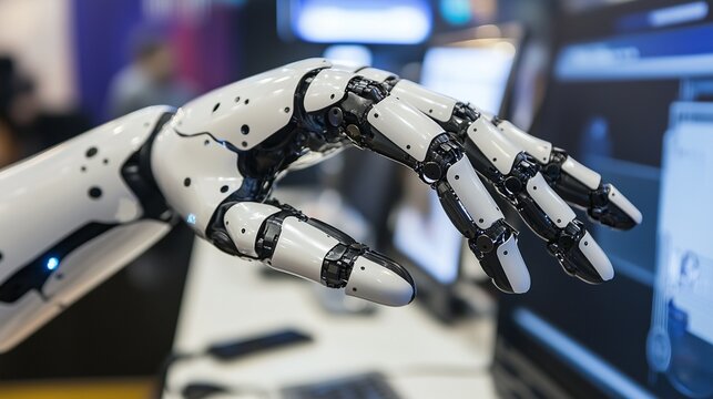 Robotic hand interacting with a computer, symbolizing assistive tech in daily tasks and digital inclusion.