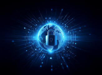 A glowing blue Earth encircled by digital data streams, secured by a padlock.  This symbolizes global cybersecurity and data protection.