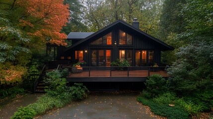 small modern cabin surrounded by trees
