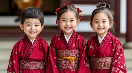 Three Children in Traditional Red Garments Smiling