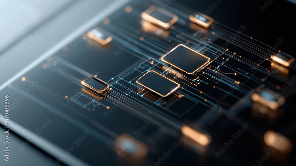 Leinwandbilder Low code platform concept. A close-up of a modern circuit board featuring intricate pathways and multiple microchips, showcasing advanced technology.