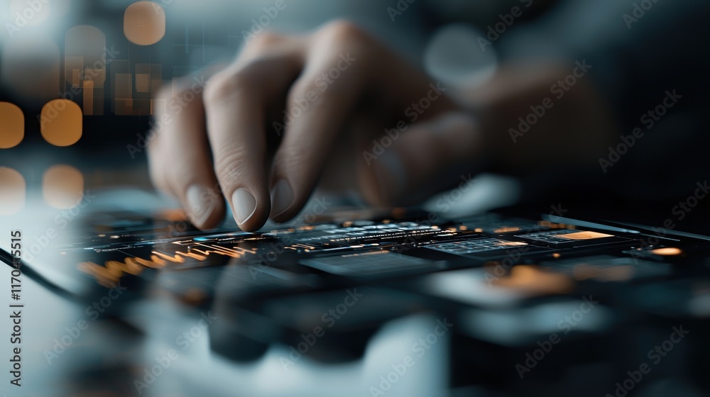 Aufkleber A focused hand interacting with a technological interface, showcasing a modern digital environment and intricate design elements.