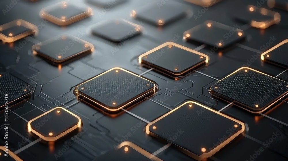 Poster A close-up view of interconnected microchips on a dark circuit board, showcasing intricate designs and glowing edges.