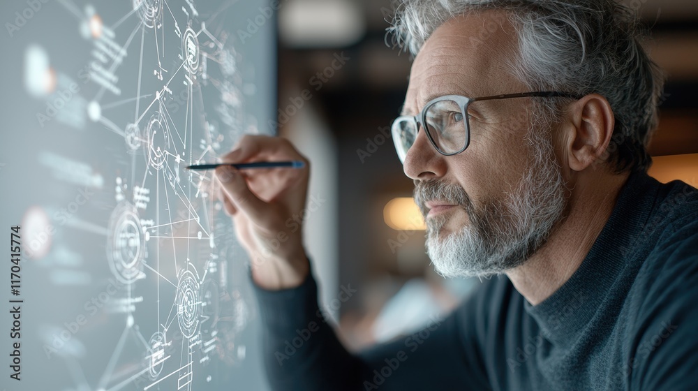 Poster A focused individual analyzes data on a digital screen, illustrating concepts of innovation and technology.