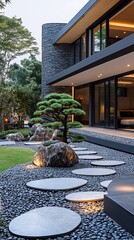Obraz premium Serene Modern Home Exterior: Evening Wide Shot Photo of Tranquil Zen Garden. AI Generated