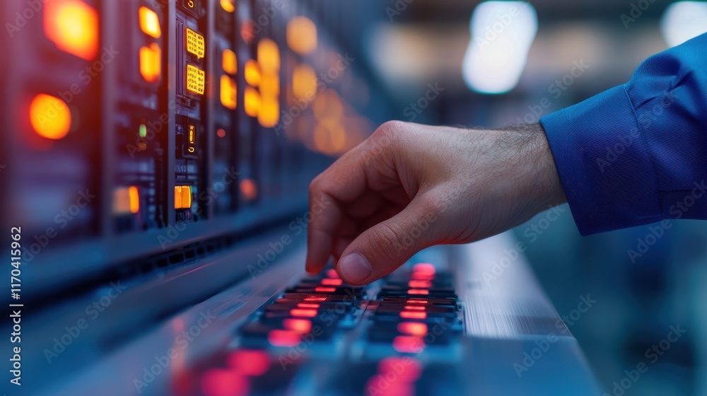Poster a close-up of a hand adjusting buttons on a control panel, featuring illuminated indicators in orang