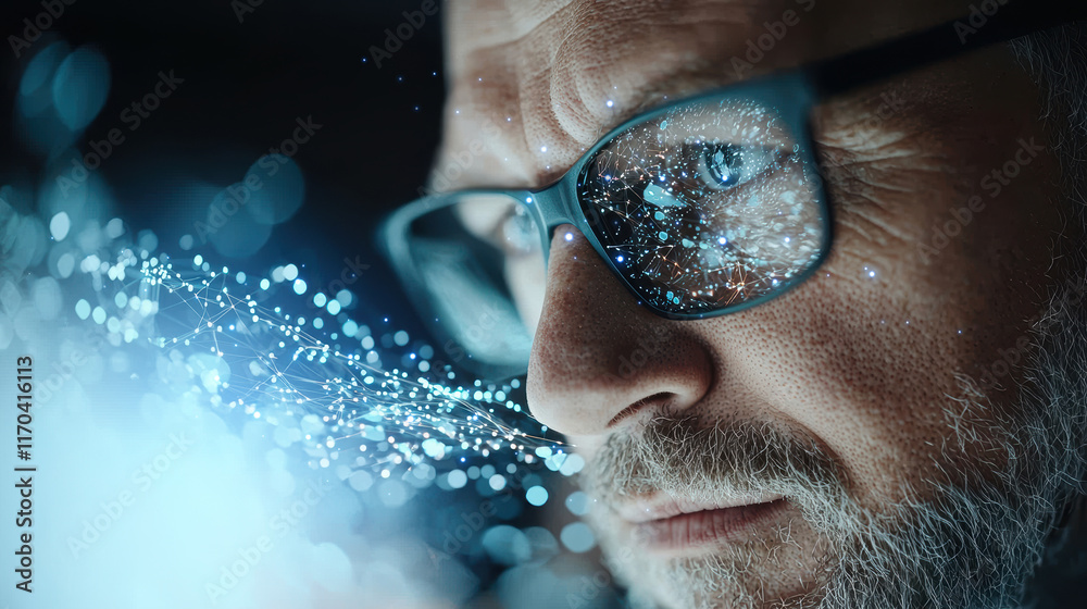 Poster a focused man wearing glasses gazes intently at floating digital particles, illustrating themes of t
