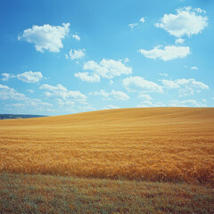 Fototapeta premium Golden wheat field under a blue sky with fluffy clouds.