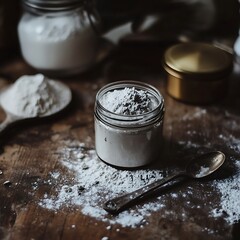 A small jar of baking powder with a spoon beside it, placed on a kitchen table surrounded by other baking ingredients like flour and sugar