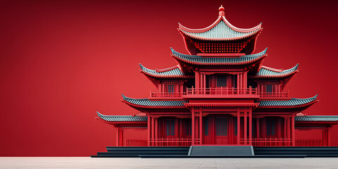 3d miniature red chinese temple with a minimalist red background