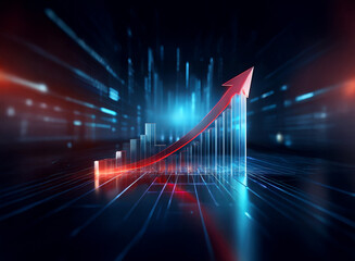Fototapeta premium A vibrant, upward-trending graph, rendered in red and blue, symbolizes growth and progress within a futuristic, digital environment. The dynamic lines suggest speed and technological advancement.