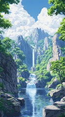 A serene landscape featuring a waterfall cascading through rocky cliffs.