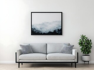 black framed picture mockup on wall above sleek sofa in contemporary setting