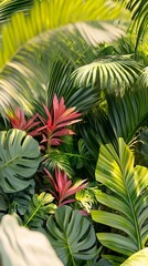 Fototapeta premium A vibrant tropical foliage scene featuring lush green leaves with pops of red and pink hues.