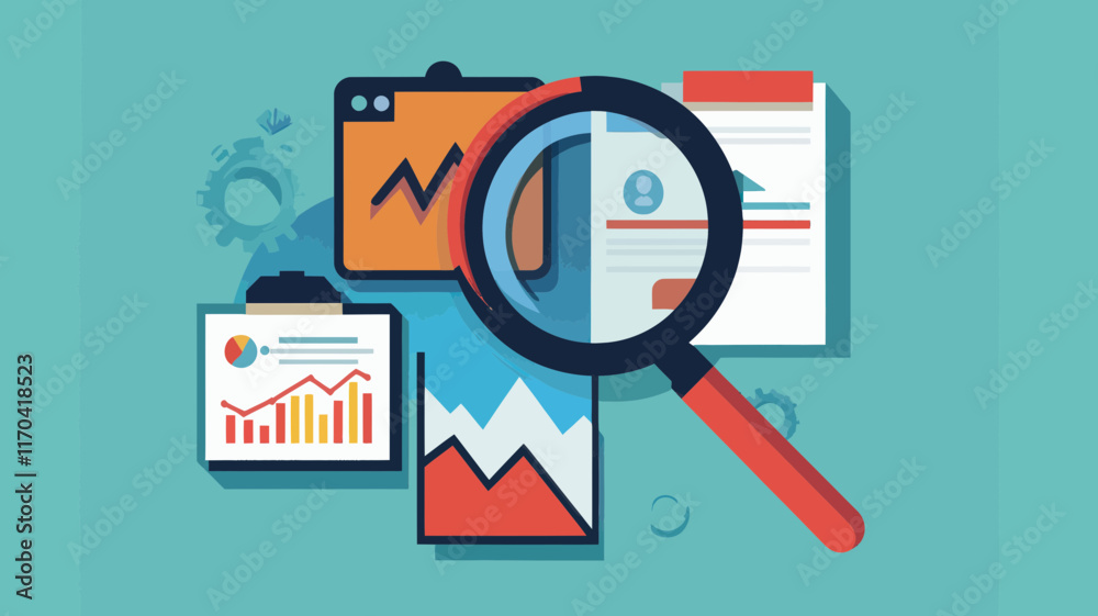 Poster colorful flat design concept of search engine optimization with graphs and magnifying glass for data