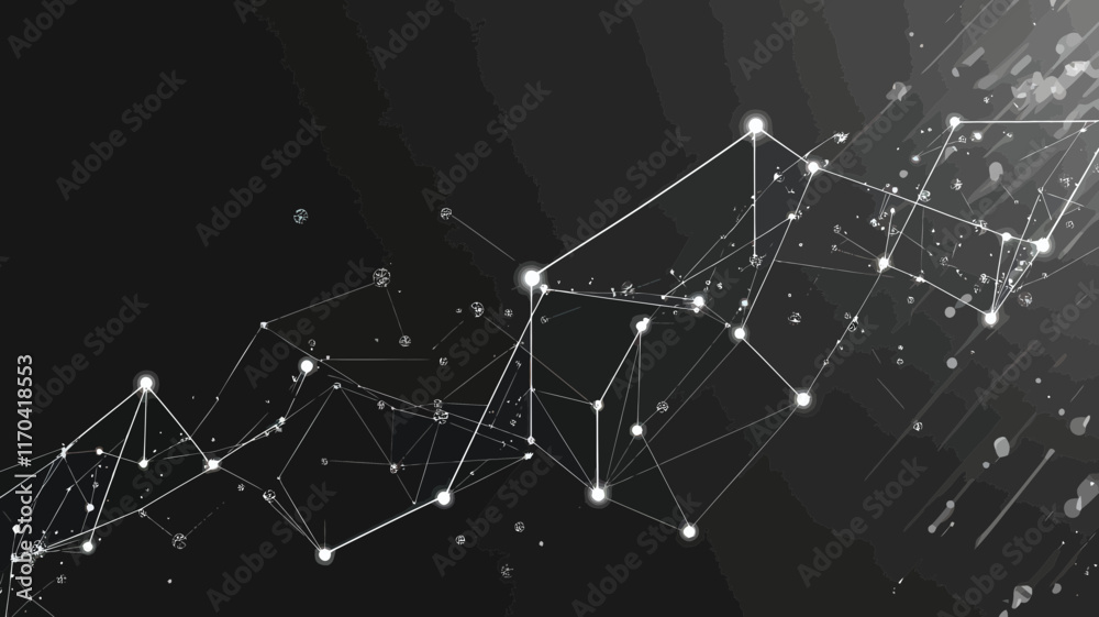 Poster grey polygonal growth chart on abstract background with connecting dots and lines, business analysis