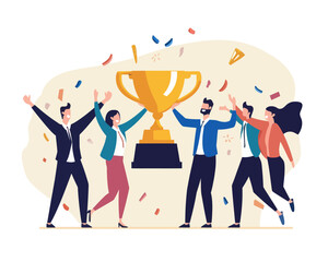 Joyful Business Team Celebrating Success with Trophy, Team Victory and Career Achievement in Flat Minimalist SVG Vector Art